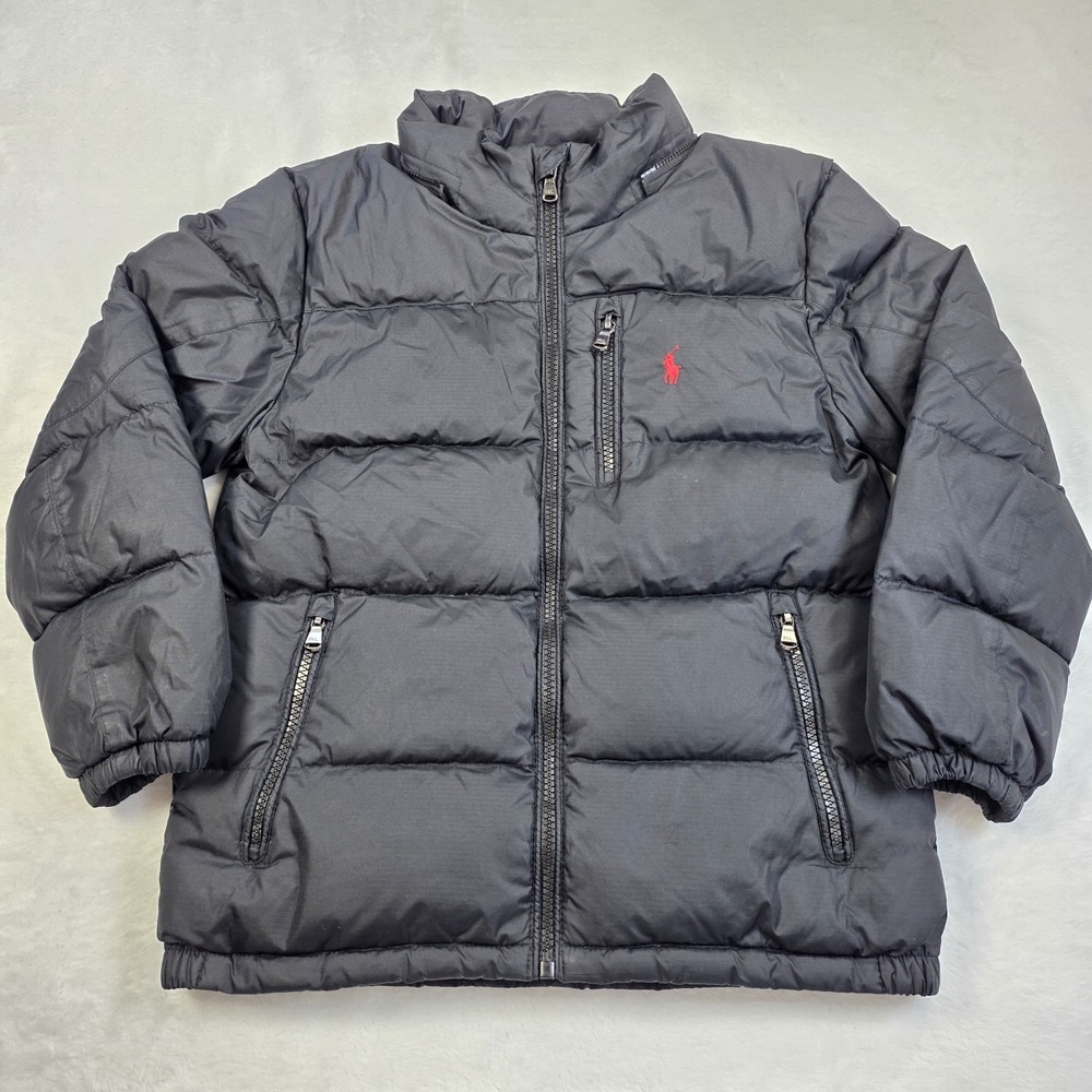 Polo Ralph Lauren Puffer Jacket Boys Sz Small Black/ Red Pony Full Zip NO Hood